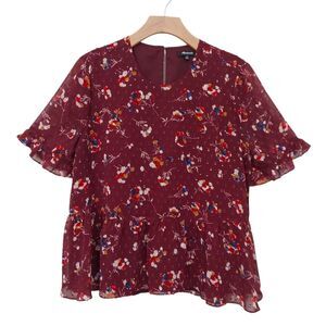 Madewell Swing Top Womens Medium Burgundy Floral Ruffle Textured Clipdot Boho